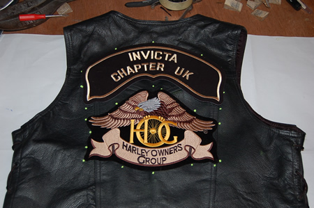 Harley Davidson waist coat badges sewn on